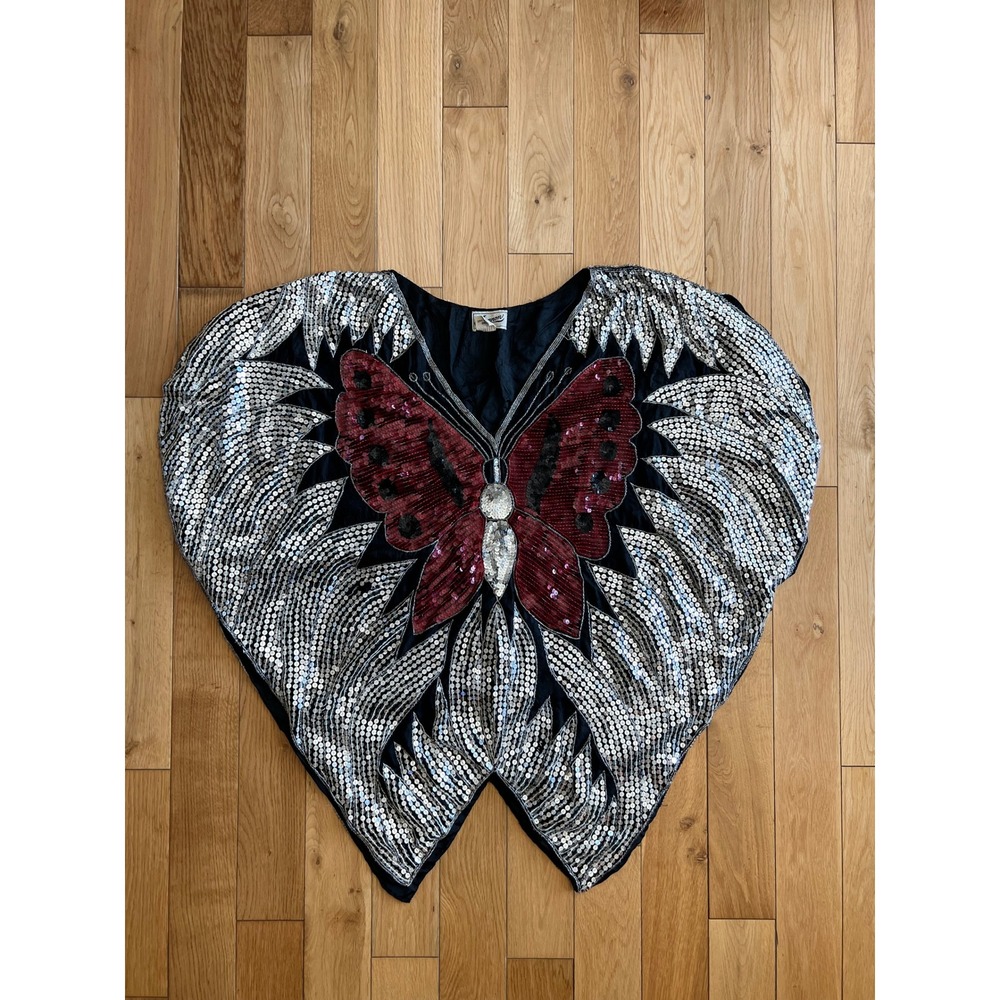 Vintage 80s 100% Silk Sequins Butterfly Poncho Top Silver Red V Neck One Size